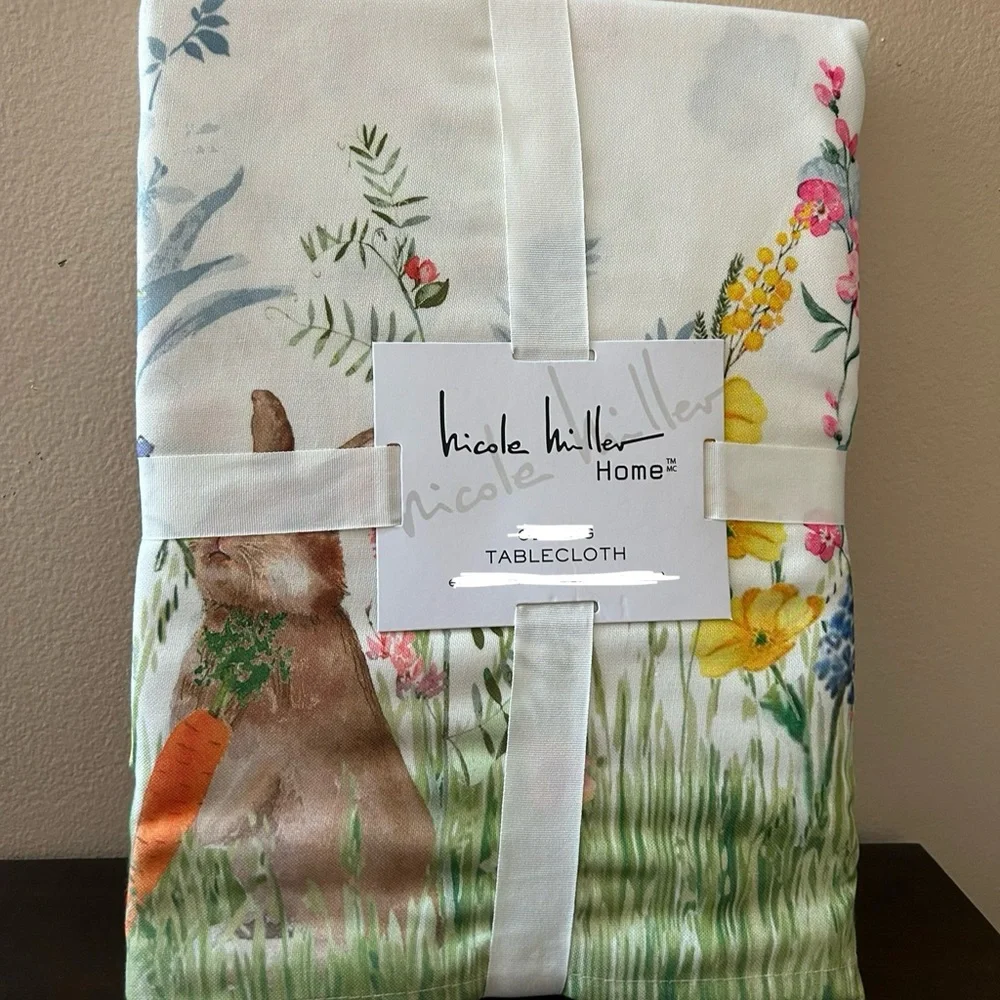 Nicole Miller Easter Tablecloth Bunny Floral Spring New 60”x104” Garden